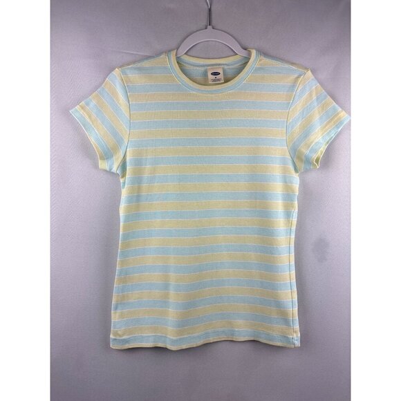 Old Navy Womens Medium Striped T-Shirt 100% Cotton Made In Peru Pastel Yellow & - Picture 2 of 4